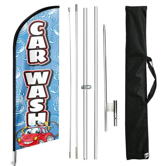 Car Wash Sign Feather Flag with Pole Kit,11ft Car Wash Decoration Display, Car Wash Business Sign,Car Wash Swooper Flag