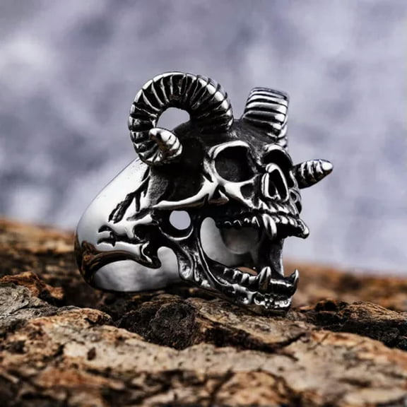 HOOUN Gothic Ram Horn Satan Evil Skull Ring Stainless Steel Men's Vampire Skull Ring-8