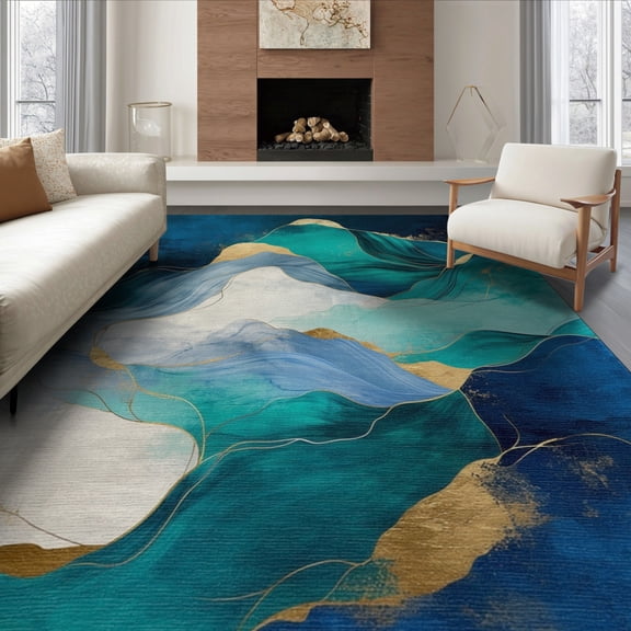 ODIKA 8'x10' Washable Area Rug Abstract Ocean Wave With Modern Marble Swirl And Gold Accents for Living Room, Under Sectional, Family , Durable, Non-Slip