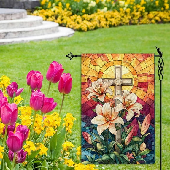 He Is Risen Stained Glass Style Garden Flag - 12.5x18" Double-Sided Rustic Farmland Burlap Easter Lily Yard Lawn Outdoor Decor, Perfect for Spring