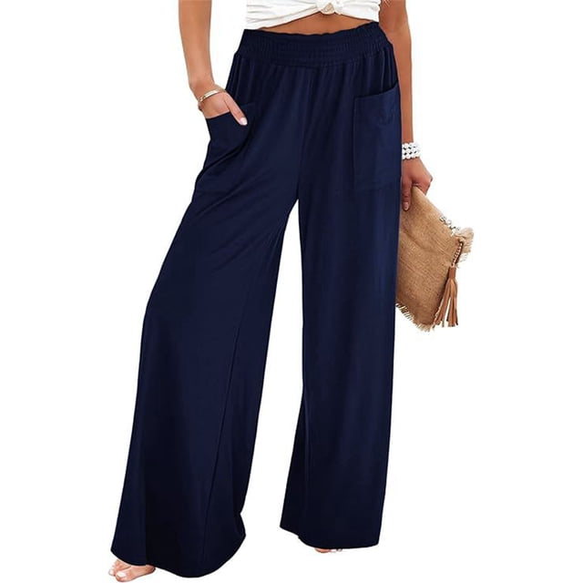 Pantalones de Cintura Alta con Elástico para Mujer, Estilo Informal, Holgados, de Pierna y Bolsillos. Azul S