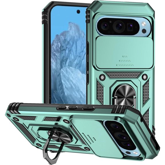 HCTian Case for Google Pixel 9, Rugged Shockproof Cover with 360° Rotatable Magnetic Kickstand and Slide Camera Lens Cover Case for Google Pixel 9