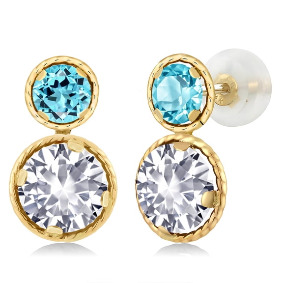 Gem Stone King 14K Yellow Gold White Created Sapphire and Swiss Blue Topaz Earrings for Women (2.71 Cttw, Gemstone September Birthstone, Round Cut 6MM and 4MM)
