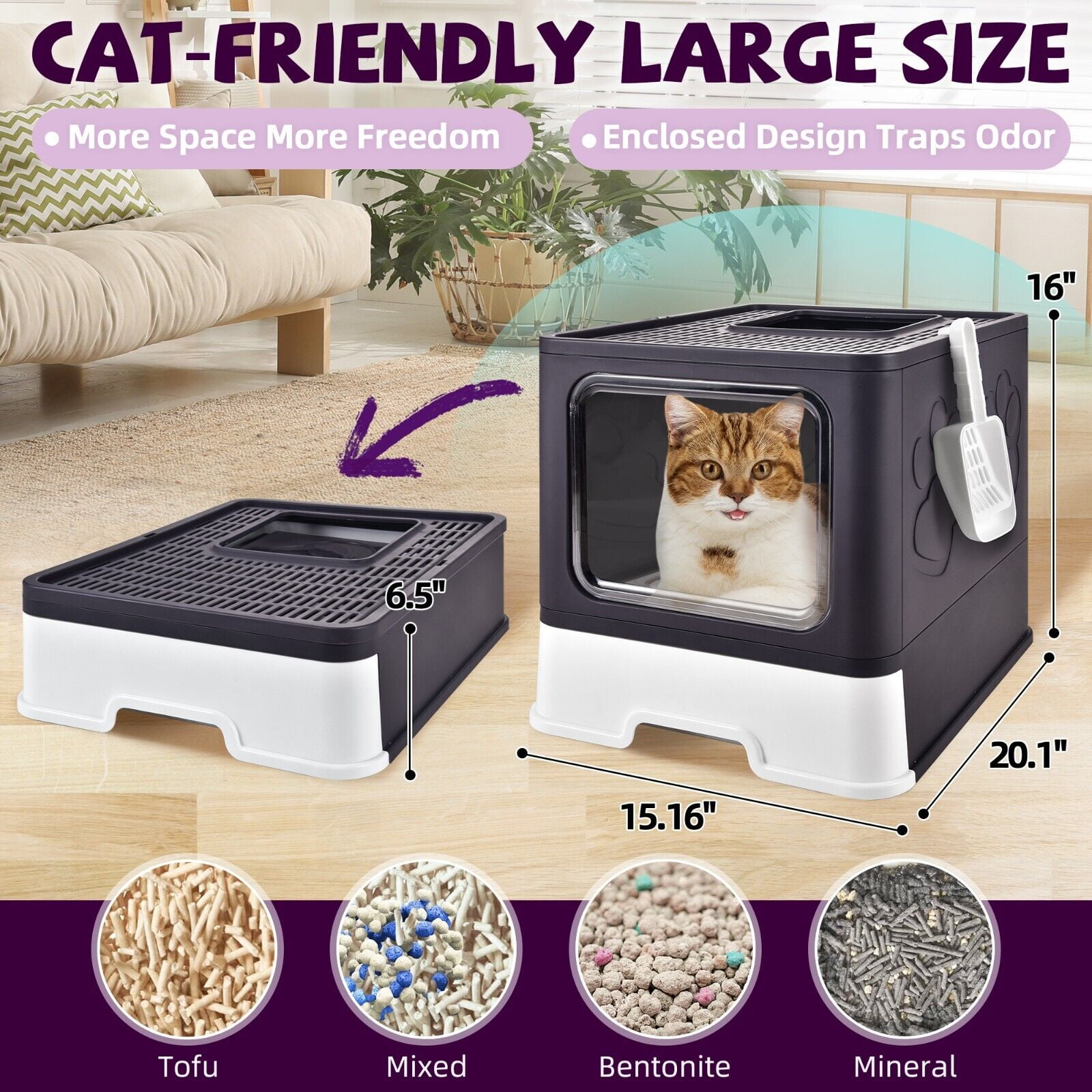 Cat Litter Box with Litter Mat and Scoop, Large Foldable Litter Box with Lids, Free in& Out Covered Kitty Litter Box, Odor Control Enclosed Litter Box, Anti- Splashing Easy Clean,Dark Purple