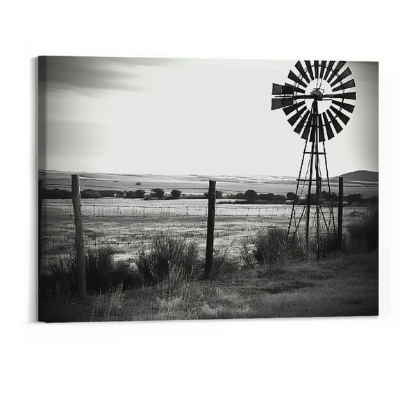 Creowell  Rustic Windmill Pictures Wall Decor Modern Canvas Wall Art Black and White Farmhouse Poster Paintings Stretched Framed Rerady to Hang for Farm Living Room Bedroom Home Decor 20x16 Inch