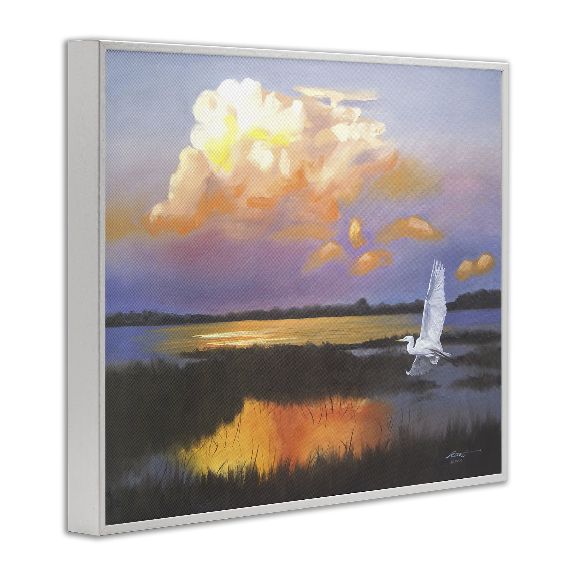 Stupell Industries Egret Over Cloudy Reflection Landscape Painting White Framed Art Print Wall Art, 14 x 11
