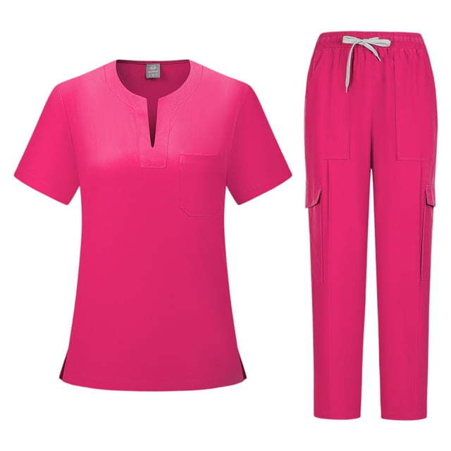Ktyne Ensembles de Sarraus Roses pour Femmes, Uniforme d'Infirmière Extensible, Haut de Sarrau à Manches Courtes et Pantalon Jogger, Ensemble de Sarraus Médicaux Uni avec Multiples Poches, Rose Vif, P
