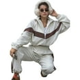 thumbnail image 2 of Conjunto Deportivo de Dos Piezas para Mujer: Sudadera con Cremallera, Pantalones de Chándal Anchos A Rayas en Contraste, Chándal de Viaje. L, 2 of 10