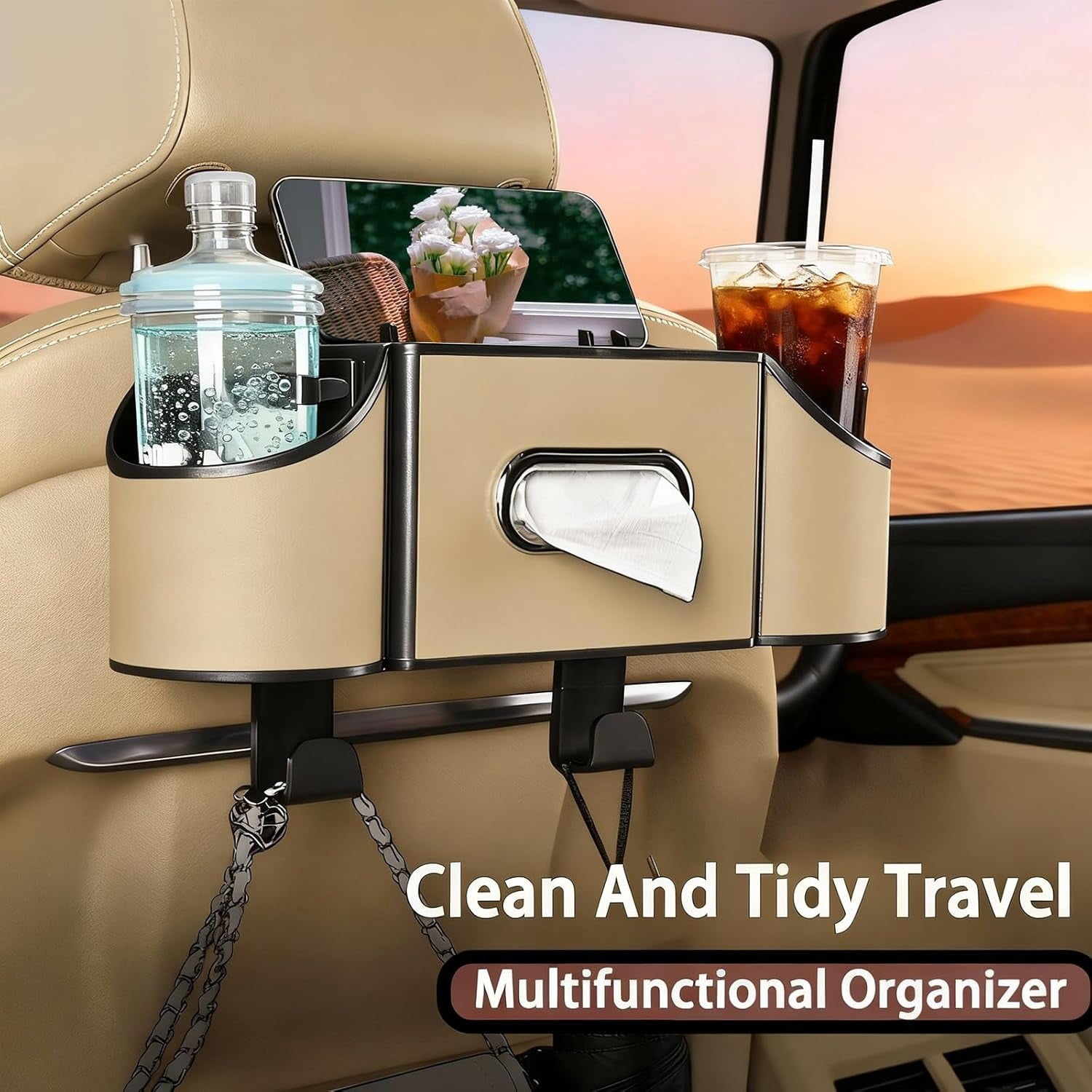 4-in-1 Back Seat Car Organizer with Multi-Pocket Storage & Cup Holders, Universal Fit Backseat Organizer for Travel & Daily Use, Meter