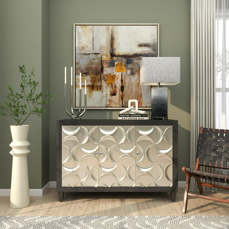 DecMode Modern Wood 3 Door Cabinet with Black/Silver Finish