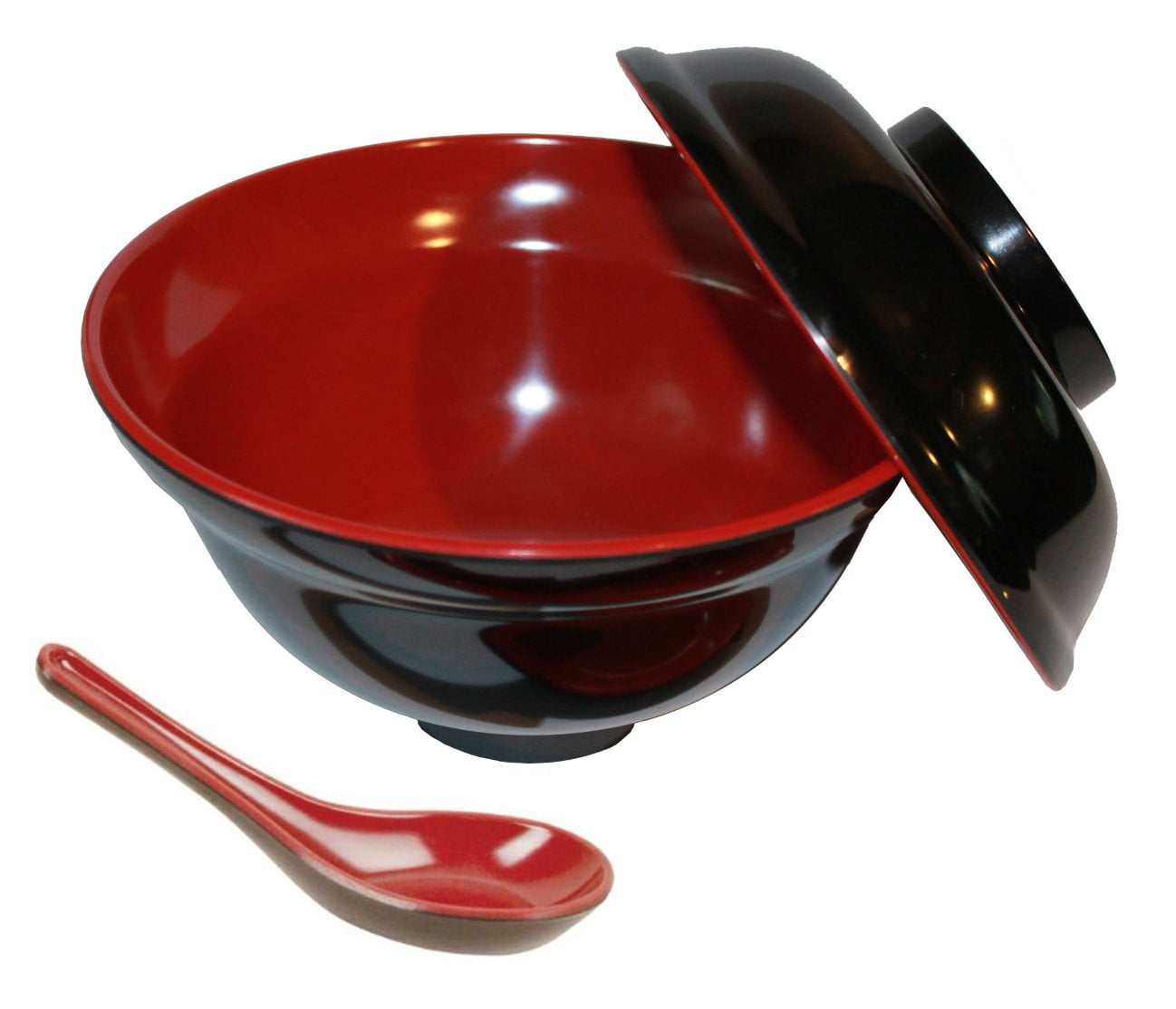 Happy Sales Set of Rice Miso Soup Bowl with Lid and Spoon Black & Red