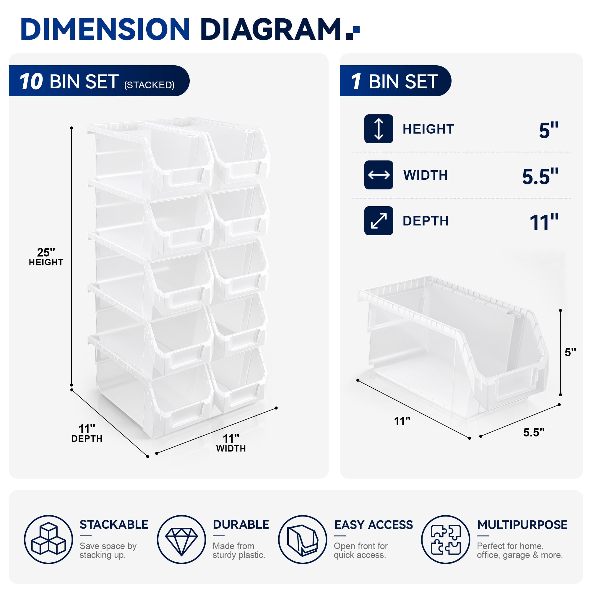 Sorbus Medium Garage Storage Bins, Open Front Plastic Organizer, Clear, 10 Pack