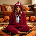 thumbnail image 5 of Matching Halloween Pumpkin Onesie Costume for Adults, Flannel Hooded Pumpkin Pajamas with Spooky Ghost Print, Halloween Pajamas for Couple, Cozy Oversized Fit Jumpsuit for Halloween Costume Party, 5 of 8