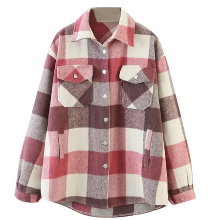 

Women s Wool Blend Jacket Cute Plaid Print Long Sleeve Outerwear Fall Winter Fashion Button Down Coat with Pockets