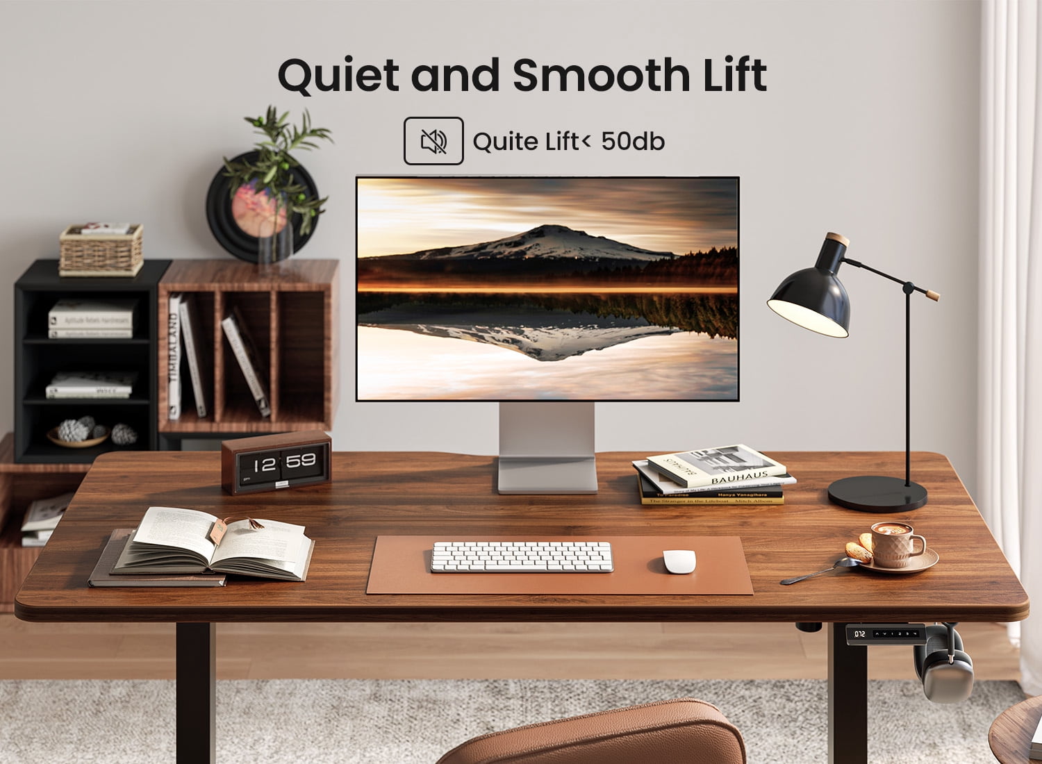DESINO 55" x 28" Electric Standing Desk, Extra-Deep 28" Desktop Height Adjustable Stand Up Desk with 4 Memory Preset Buttons, Ergonomic Sit-Stand Office Desk, Black Walnut