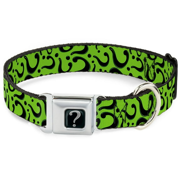 DC Comics Pet Collar, Dog Collar Metal Seatbelt Buckle, Question Mark Scattered Lime Green Black, 15 to 24 Inches 1.0 Inch Wide