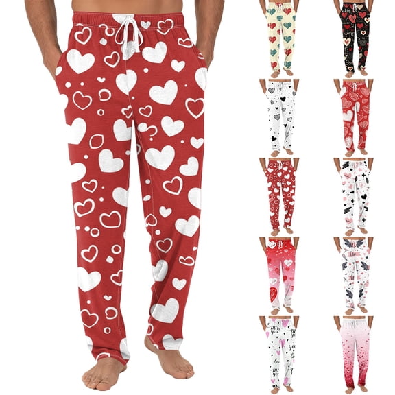Men's Drawstring Pocket Cuffed Print Pants, Valentine's Day Casual Home Sleep Pants for Gift, Holiday and Cozy Wear,Black,L