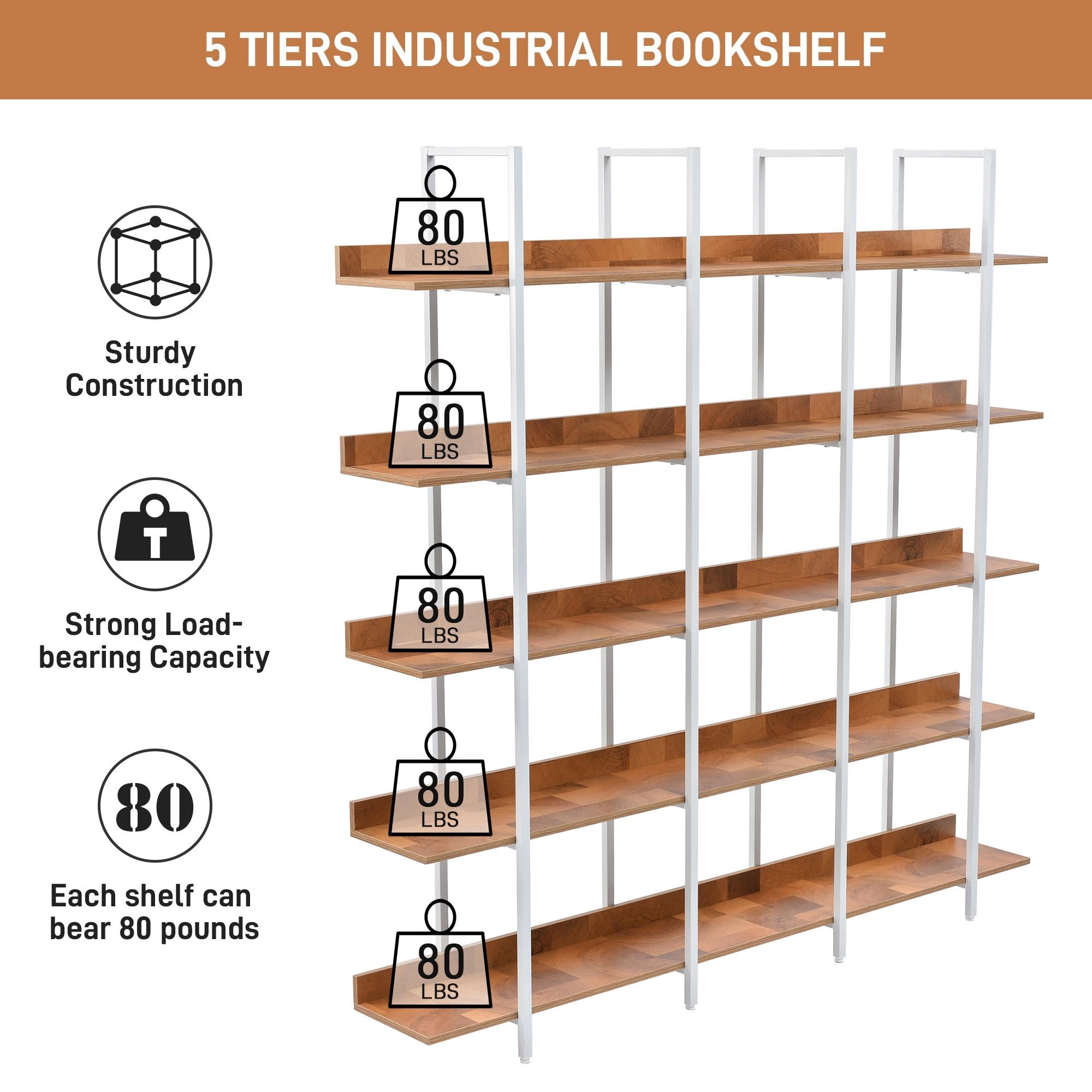 PORKISS 5 Tier Bookcase, Wood & Steel Open Bookshelf with Metal Frame, Square Vintage Industrial Style Tall Bookshelf, Modern Freestanding Etagere Bookcase for Home Office, Brown/White