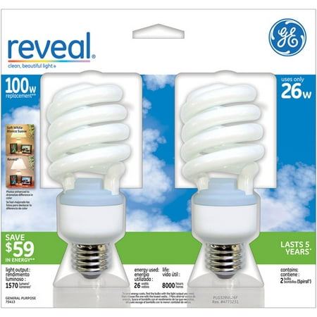 GE CFL Reveal Spiral 26wt - 6 Bulbs/ 3 Packs