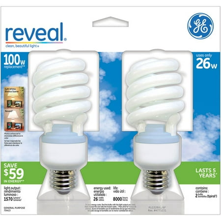 5 Light Cfl - GE CFL Reveal Spiral 26wt - 6 Bulbs/ 3 Packs
