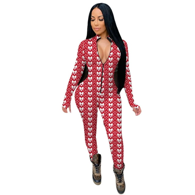 Kmbangi Combinaison de Noël Imprimée pour Femmes Style Décontracté Manches Longues Col Rond