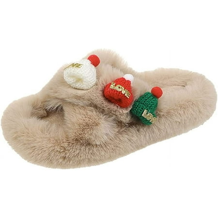 

Slippers for Women with Memory Foam and Fuzzy Furry Plush Open Toe Fluffy House Slippers as Christmas Gifts Comfy Winter slip on Cross Band Womens Slippers