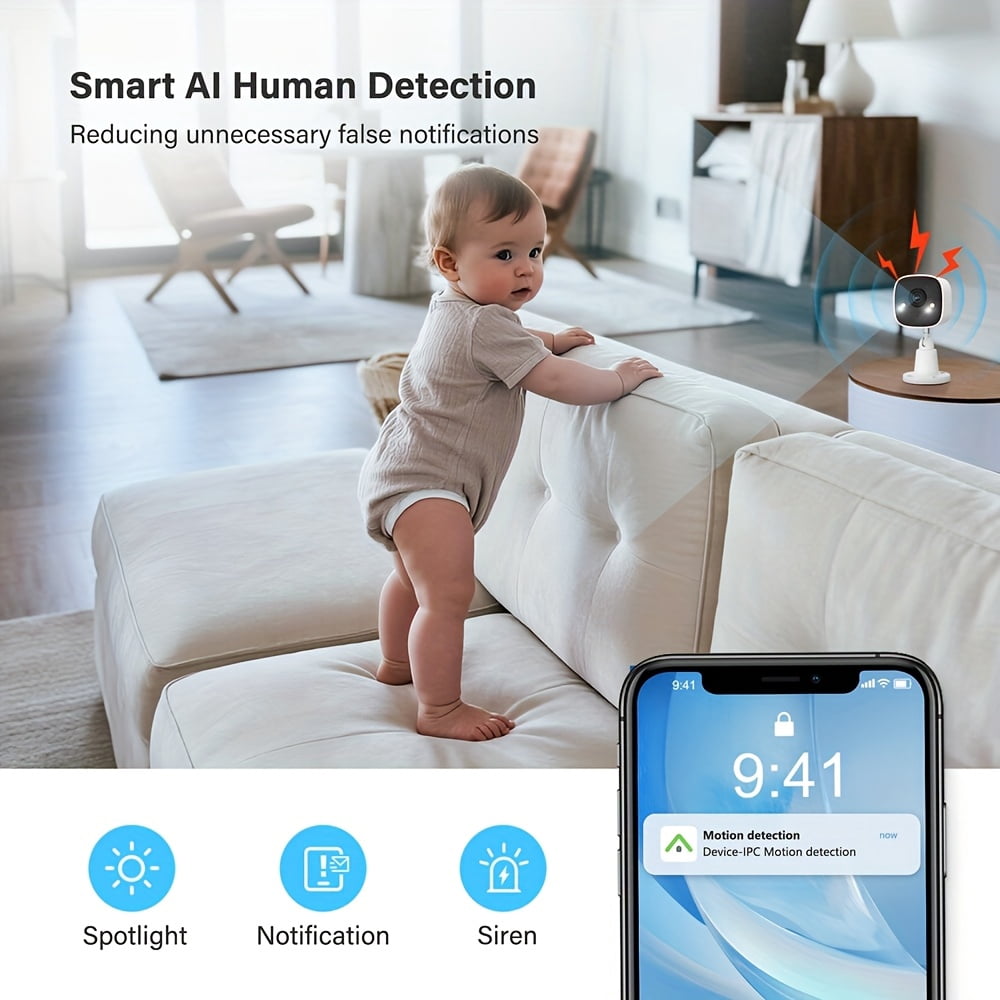 2.4Ghz Security Camera, 2K HD WiFi Indoor/Outdoor, Color Night Vision, AI Human/Pet Detection, 2-Way Audio, Baby Dog Cat Monitor, Wall Mountable