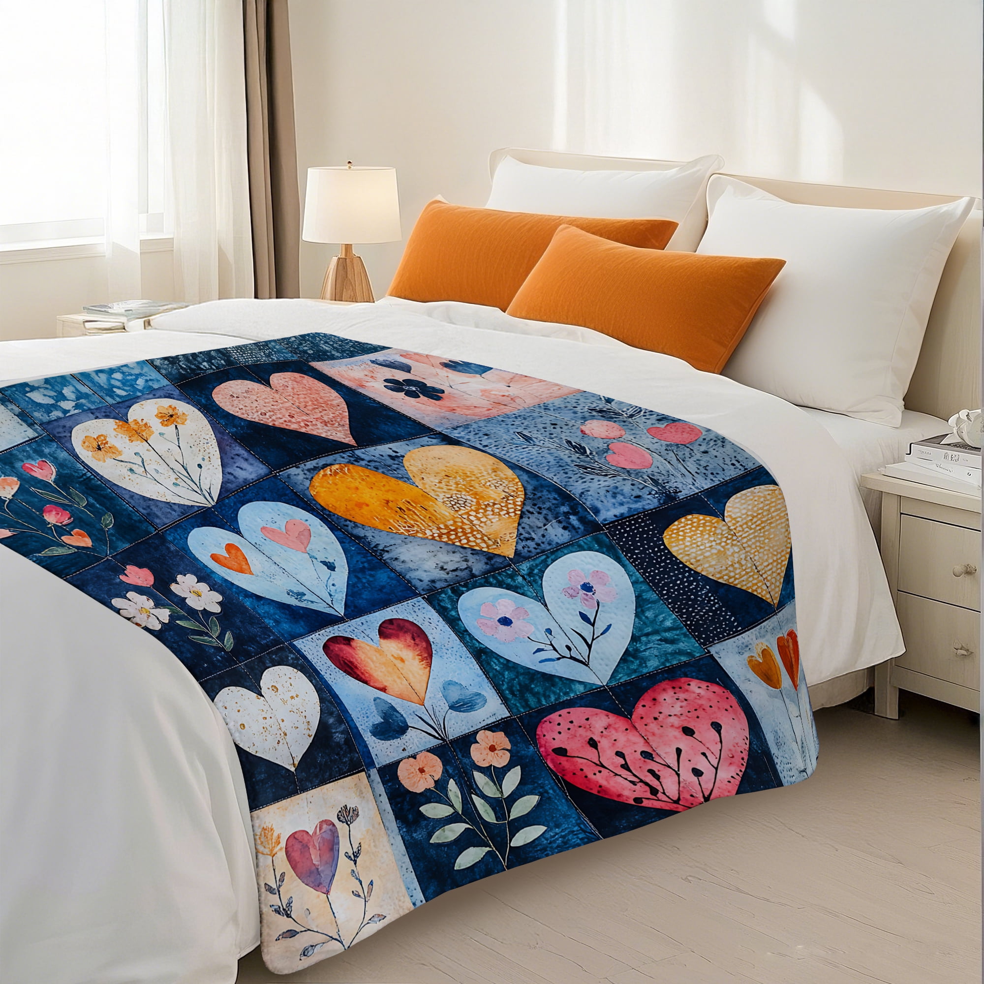 Sherpa Fleece Throw Blanket 50"x60" Reversible Plush Fluffy Blanket, Double-Layer Super Soft Flannel Blanket for Sofa, Couch, Bed, Patchwork Floral & Heart Pattern