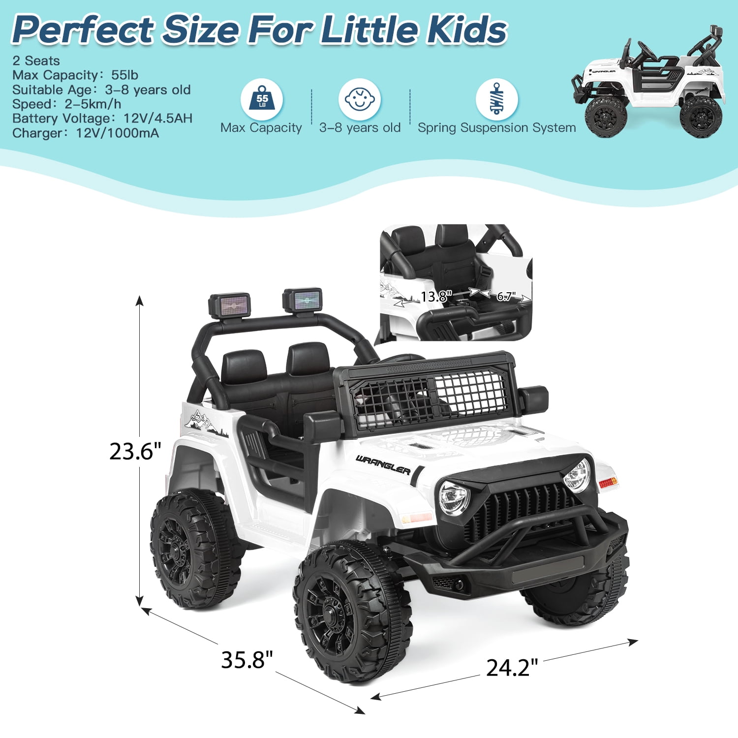 Erinnyees Ride on Jeep Car 12V Kids Electric Vehicles with Parent Remote Control, Safety Belt,Forward and Reverse Functions,Battery Powered,Spring Suspension,Music and Lights-White