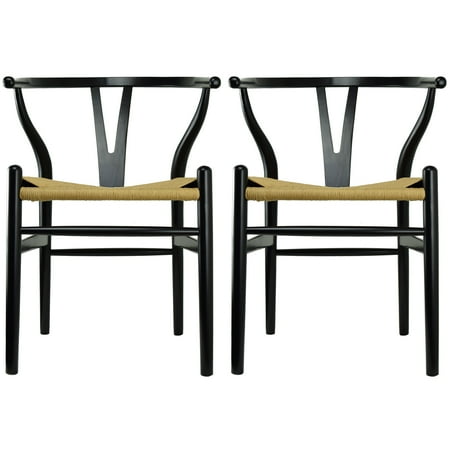 - 2xhome Set of 2 Black Wishbone Wood Armchair With Arms Open Y Back Open Mid Century Modern Contemporary Office Chair Dining Chairs Woven Seat Brown Living Desk Office