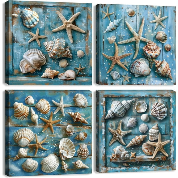 Rustic Blue Beach Wall Art Coastal Seashell Starfish Pictures Bathroom Decor Vintage Farmhouse Nautical Themed Beachy Painting Canvas Prints Artwork for Living Room Bedroom Home Decoration 12x12 4Pcs