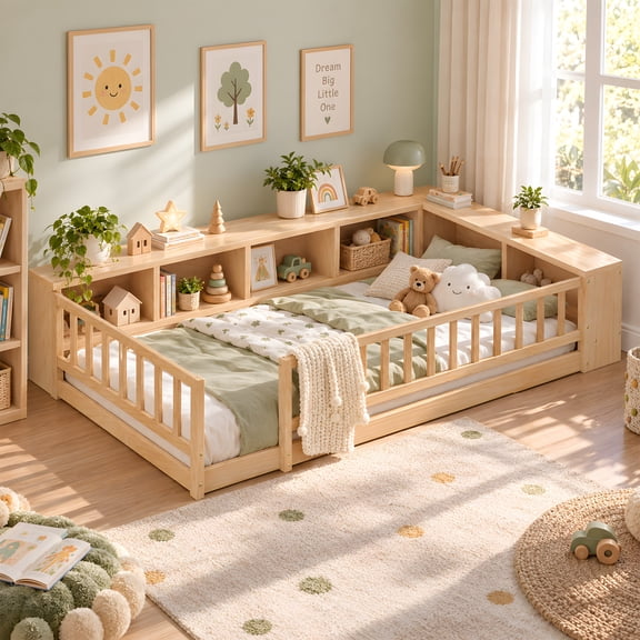 Guqiart Twin Montessori Floor Bed for Kids, Wooden Toddler Bed Frame with Safety Guardrails, Built-in Bookcase Storage Shelves, Low Profile Platform Bed for Children, Natural