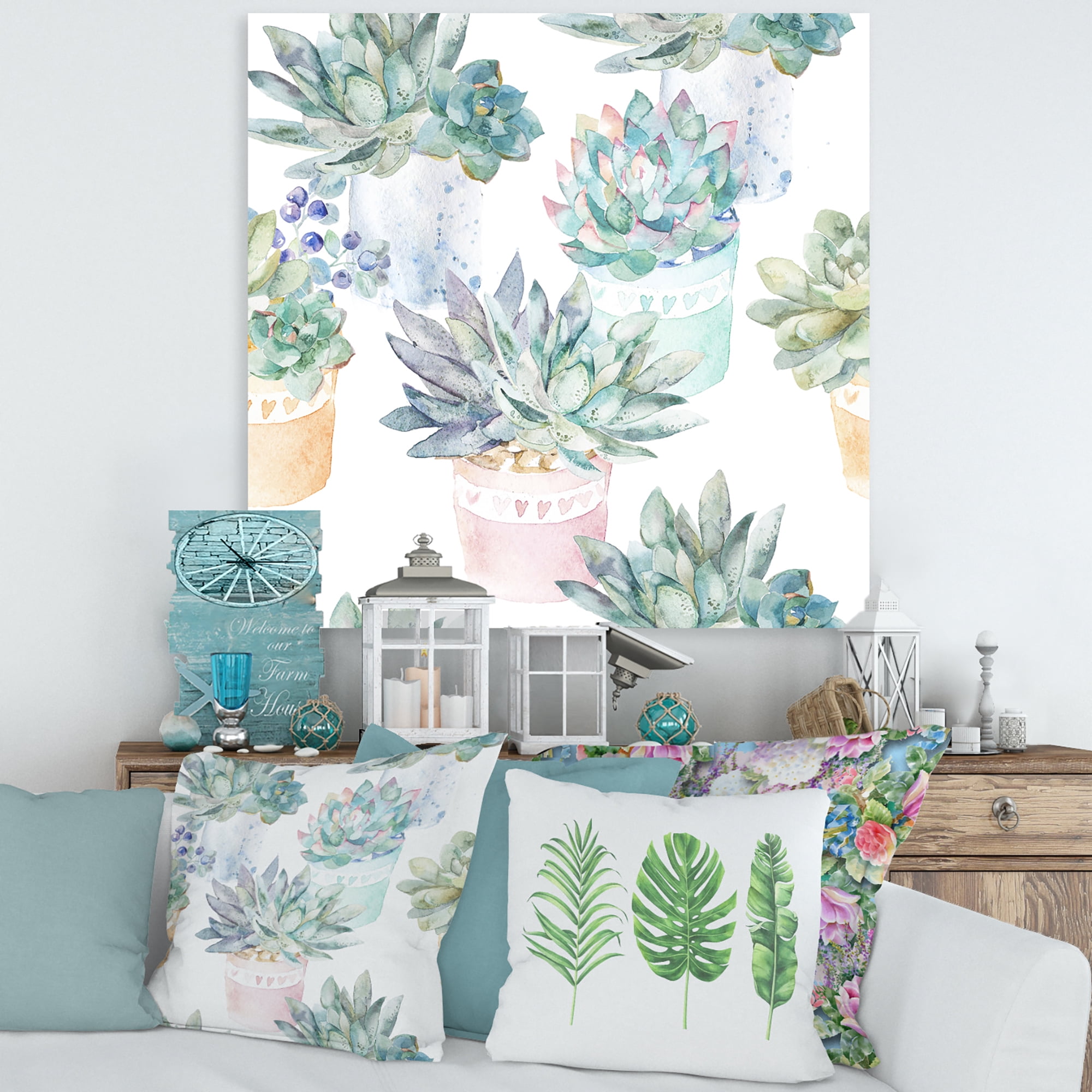Pastel Toned Succulent Housplants in Flowerpots 36 in x 36 in Painting Canvas Art Print, by Designart