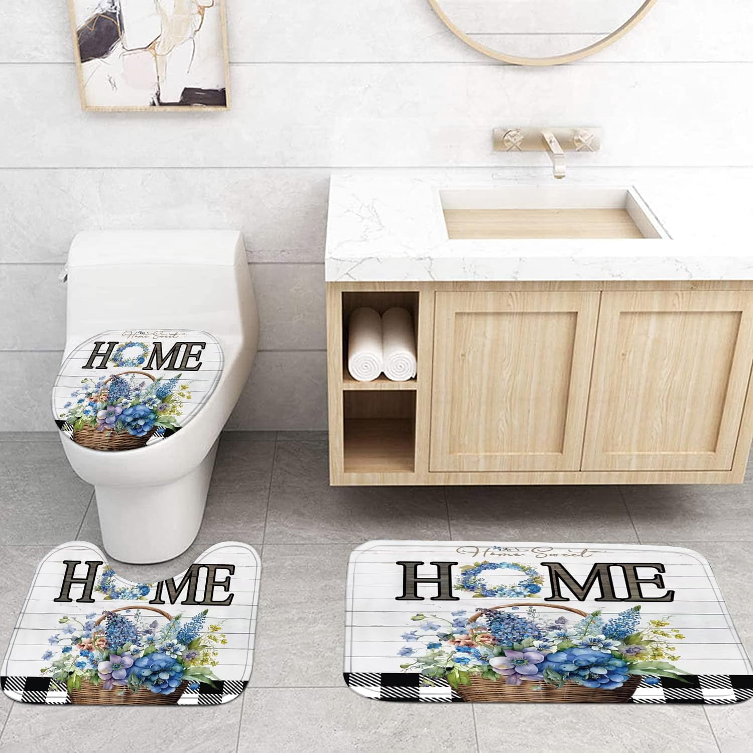 Blue Flower Shower Curtain Set Home Sweet Home Bathroom Sets Rustic Shower Curtain Set with Rugs,Bathroom Shower Curtain Set with Carpet Bath Mat Toilet Rugs