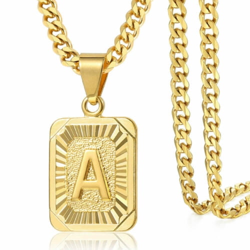 Hermah Men Women Gold Filled Initial Letter "A" Pendant Necklace 3mm Steel Curb Chain