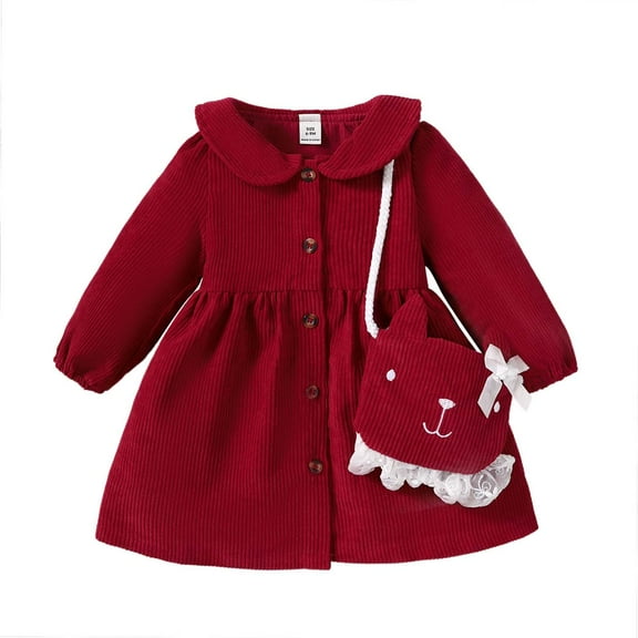 Kucnuzki Infant Baby Girl Clothes 18 Months Fall Winter Dress 24 Months Long Sleeve Soid Color Peter Pan Collar Corduroy Dress Backpack 2PCS Set Red