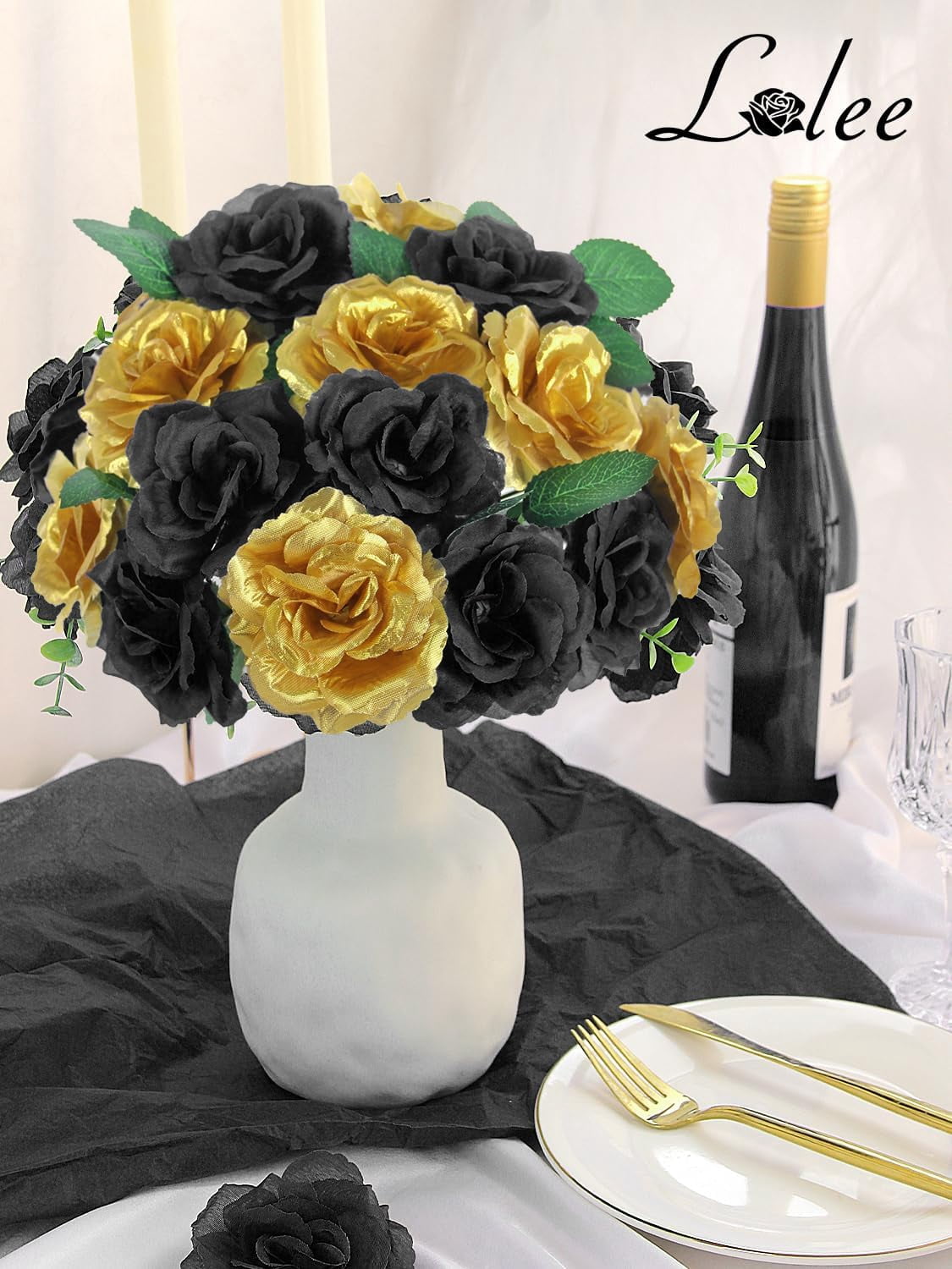 108pcs Roses Head Flowers with Stem - Black & Gold Graduation Artificial Flowers Rose Bulk - Silk Rose Fake Flower for Wedding Bouquet Decor DIY Baby Shower Centerpieces Grad Party Tables Decoration