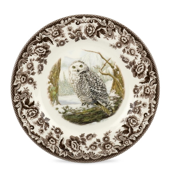 Spode Woodland Snowy Owl Salad Plate - 8" Fine Earthenware from England, Rustic Animal Design with British Flowers Border for Holiday Appetizers, Desserts, Salads - Oven, Microwave, Dishwasher Safe