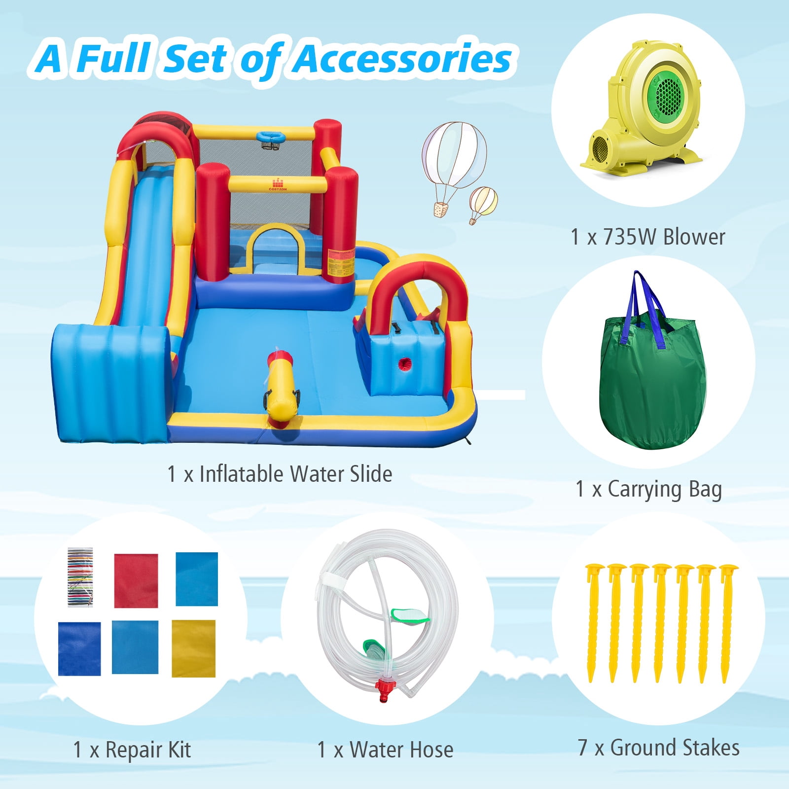 Infans Inflatable Water Slide Giant Kids Water Park w/ Double Slides & 735W Blower