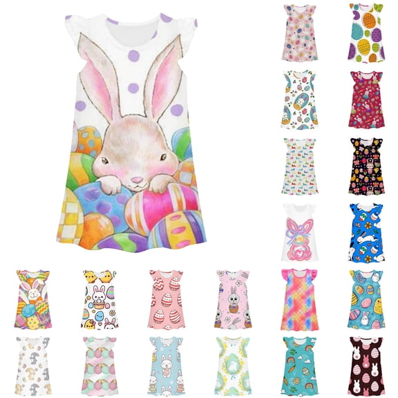 LRen Easter Dresses for Girls Colorful Print Short Sleeve A-Line Dress Spring Dresses for Girls Casual Girls Easter Dress Easter Gifts