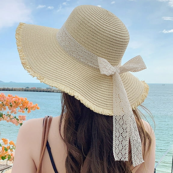 Women's sweet sun hat summer large brim ribbon outdoor hat large brim sun hat straw hat pink 1 piece