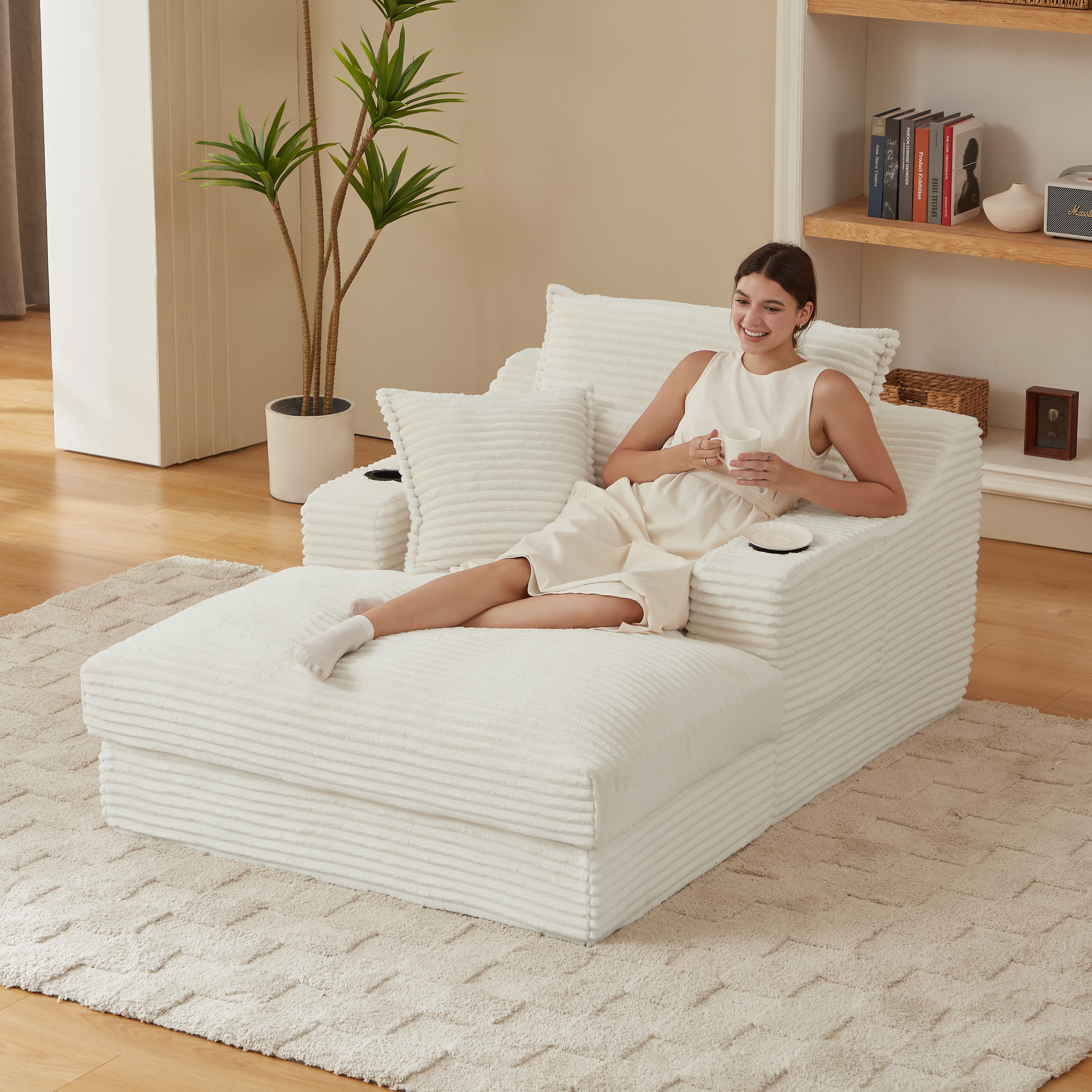 MAYEERTY White Corduroy Chaise Sofa, Oversized Comfortable Lounge for Living Room, 47×68×35"