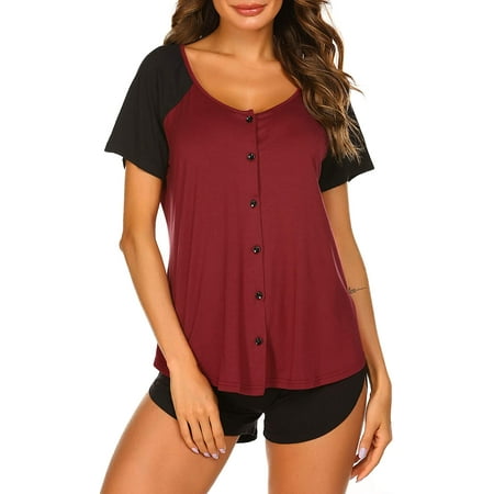 

Women s Pajama Short Sleeve Sleepwear Soft Pj Set Top and Shorts Pajamas Set-RED