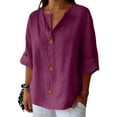 thumbnail image 4 of Outfmvch 3/4 Sleeve Tops for Women Cotton Linen Tops for Women Button Down Shirts Womens Vintage Tshirts Cotton Shirts for Women Plain Shirts for Women Work Shirts for Women Purple S, 4 of 9