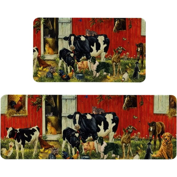 Farmhouse Kitchen Rugs and Mats Set of 2, Farm Animal Kitchen Mat, Seasonal Holiday Cooking Sets Washable Non-Slip Floor Mats for Home Kitchen Decor - 17x29 and 17x47 Inch
