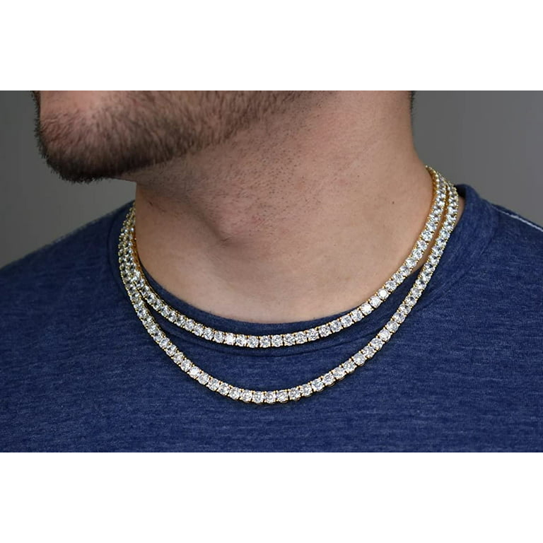 925 Italian Sterling Silver 5mm Tennis Necklace, Iced Out Round Cut CZ  Cubic Zirconia Yellow Gold Plated Link Chain, Giorgio Bergamo 24