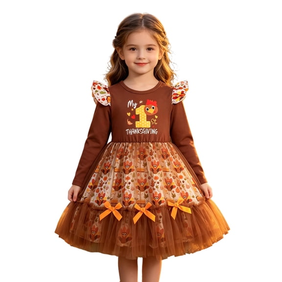 WERYOUNG Halloween Girls Dresses With Thanksgiving Turkey Print Long Sleeve Mesh Party Dresses For Girls Kids Comfortable Sundress 1-2 Years