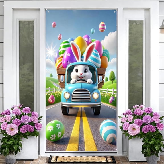 AURIGATE Easter Door Cover, Cute Bunny Driving Truck with Easter Eggs Door Banner, Spring Easter Door Decor for Front Door, Home, Party, Classroom Decor