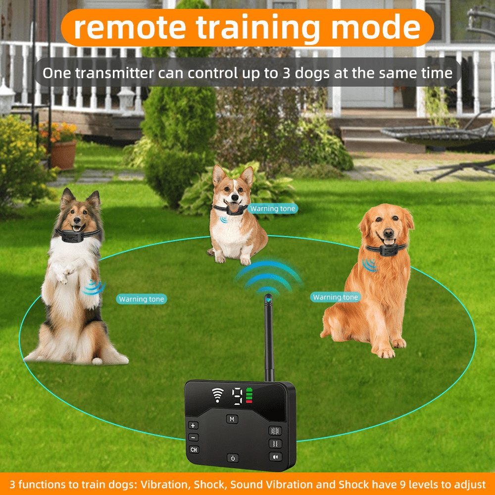 Wireless Dog Fence, Wireless Boundary Containment System, 2-in-1 Electric Dog Fence & Remote Shocks Training Collar, Adjustable Signal Range, IP66 Waterproof Rechargeable Collar, for 1 2 3 Dogs