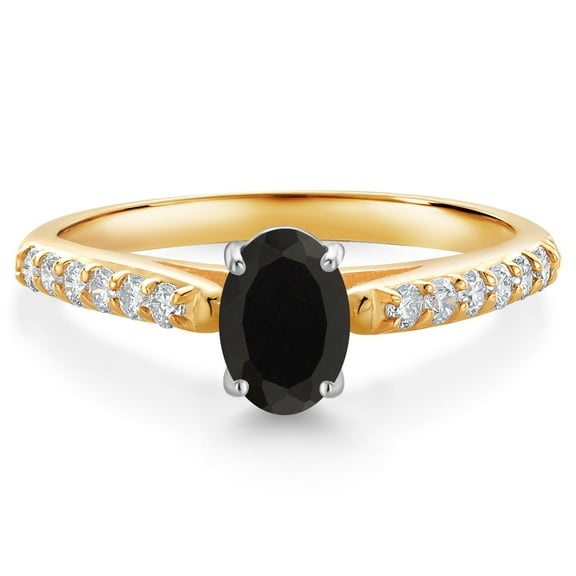 Gem Stone King 10K Two Tone Gold Black Onyx and White Lab Grown Diamond Engagement Ring for Women (0.88 Cttw, Gemstone December Birthstone, Oval 7X5MM, Size 8)